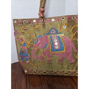 Embroidered Elephant Tote Bag Olive Gold Silk Shisha Mirror Work Beaded Handles